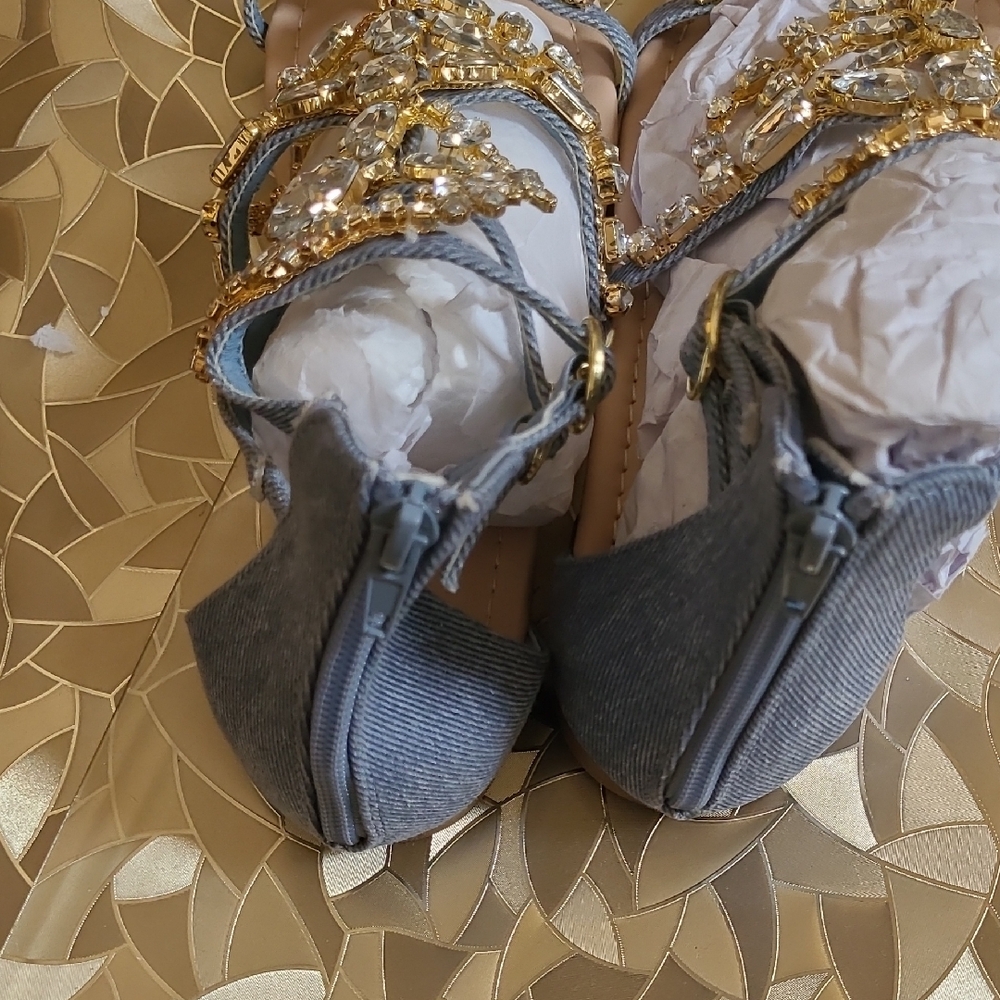 Shoe Dazzle Gold Crystal & Denim Gladiator Sandals - Picture 4 of 12